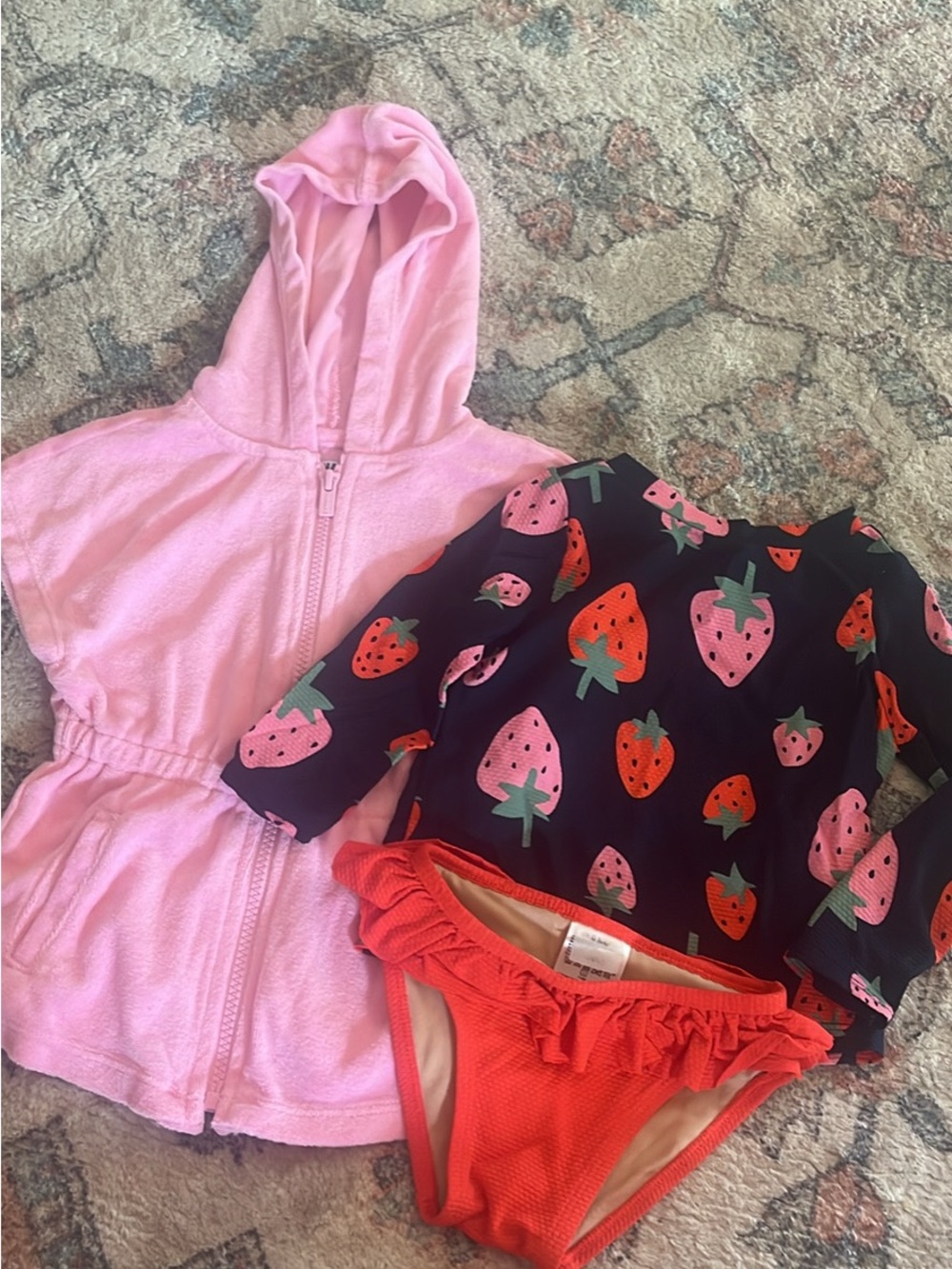 Girls Pink Hooded Swim Cover + Strawberry Print Rash Guard Set